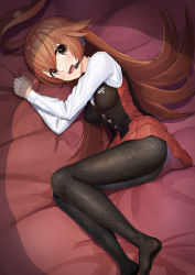 Rule 34 | 1girl, ahoge, arms up, bed sheet, black pantyhose, black vest, breasts, brown hair, commentary request, duel masters, duel masters play&#039;s, female focus, hands up, headphones, headset, highres, kokko rupiko, layered skirt, long hair, long sleeves, looking at viewer, lying, medium breasts, no shoes, on side, pantyhose, pleated skirt, red skirt, shirt, skirt, smile, solo, tsuseki, very long hair, vest, white shirt