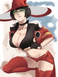 Rule 34 | 1girl, absurdres, black hair, bob cut, breasts, choker, cleavage, collarbone, crop top, fingerless gloves, glasses, gloves, grabbing, grabbing another&#039;s breast, green-tinted eyewear, green-tinted glasses, green eyes, guilty gear, guilty gear strive, hat, highres, i-no, large breasts, lip biting, midriff, mole, mole above mouth, mole under eye, navel, skullworms, solo, stomach, sunglasses, thighhighs, tinted eyewear, witch hat