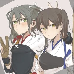 Rule 34 | 10s, 2girls, bad id, bad twitter id, bow (weapon), brown eyes, brown hair, gloves, green eyes, green hair, japanese clothes, kaga (kancolle), kantai collection, multiple girls, muneate, ree (re-19), side ponytail, twintails, v, weapon, zuikaku (kancolle)