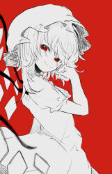 Rule 34 | 1girl, closed mouth, cowboy shot, flandre scarlet, from side, hand in own hair, hat, highres, light smile, looking at viewer, looking to the side, medium hair, minamia23, mob cap, puffy short sleeves, puffy sleeves, red background, red eyes, shirt, short sleeves, skirt, spot color, touhou, vest, wings