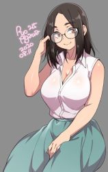 Rule 34 | 1girl, 2020, agawa ryou, artist name, black hair, breasts, brown hair, cleavage, collared shirt, commentary, dated, english commentary, glasses, grey background, large breasts, long hair, original, shirt, simple background, skirt, sleeveless, sleeveless shirt, smile, solo