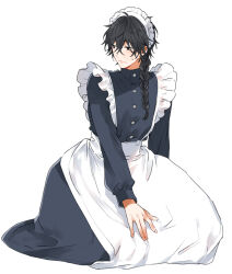 1boy alternate_costume apron black_dress black_hair blush braid buttons closed_mouth crossdressing dress earrings enmaided frilled_apron frills full_body glasses hair_between_eyes hair_over_shoulder jewelry kneeling long_dress long_hair long_sleeves looking_at_viewer maid maid_apron maid_headdress male_focus mole mole_under_eye mole_under_mouth nakayama_miyuki original puffy_sleeves seiza simple_background single_braid sitting solo sweat sweatdrop trap white_apron white_background