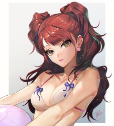 Rule 34 | 1girl, alternate costume, ball, beachball, bikini, breasts, brown eyes, cleavage, collarbone, earrings, expressionless, gradient background, grey background, highres, holding, holding ball, jewelry, kujikawa rise, leaning back, light particles, lips, long hair, looking at viewer, medium breasts, persona, persona 4, red hair, signature, solo, swept bangs, swimsuit, tajima yukie, two side up, upper body, white bikini