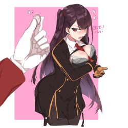 Rule 34 | 1girl, between breasts, black bra, blush, bra, breasts, buttons, cleavage, cropped legs, girls&#039; frontline, gloves, griffin &amp; kryuger military uniform, half updo, highres, large breasts, long hair, long sleeves, necktie, ooyun, open mouth, pantyhose, pink background, purple hair, red eyes, red neckwear, solo focus, two-tone background, underwear, wa2000 (girls&#039; frontline), white background