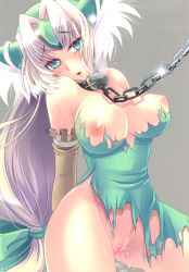 Rule 34 | 108 gou, 1girl, bdsm, blonde hair, blush, bondage, bound, breasts, buckle, censored, collar, female focus, green eyes, hair ribbon, highres, large breasts, lipstick, long hair, makeup, nipples, puffy nipples, pussy, pussy juice, ribbon, riesz, saliva, seiken densetsu, seiken densetsu 3, slave, solo, sweat, torn clothes, very long hair