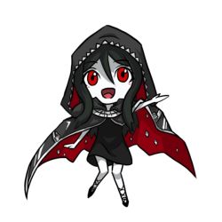 Rule 34 | 1girl, black hair, chibi, cloak, dress, female focus, get amped, iron maiden, looking at viewer, metal maiden (getamped), pale skin, personification, red eyes, samael (5211), simple background, solo, white background