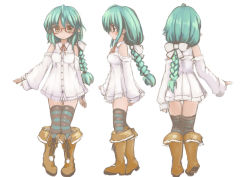 Rule 34 | 1girl, aqua hair, aqua thighhighs, bare shoulders, blush, boots, bow, braid, breasts, brown footwear, cross-laced footwear, dress, female focus, from behind, from side, full body, glasses, hair bow, hair tie, heel up, knee boots, knees together feet apart, long hair, long sleeves, looking at viewer, multiple views, neck ribbon, off shoulder, original, panties, pointy ears, red-framed eyewear, red ribbon, ribbon, short dress, simple background, single braid, sleeves past wrists, small breasts, standing, striped clothes, striped thighhighs, thigh gap, thighhighs, ugogogesik, underwear, white background, white bow, white dress, white panties, yellow eyes, zettai ryouiki