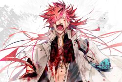 Rule 34 | 1boy, absurdres, angry, black shirt, blood, blood on clothes, blood on face, earrings, fate/grand order, fate (series), hair over one eye, highres, injury, jewelry, long hair, long sleeves, looking at viewer, male focus, nosebleed, open mouth, red eyes, shirt, solo, takasugi shinsaku (fate), teeth, torn clothes, torn coat, u 5ham0, upper body, very long hair, white background