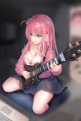 Rule 34 | 1girl, black socks, blue eyes, blurry, blurry background, blush, bocchi the rock!, bra, breasts, cleavage, closed mouth, collarbone, cube hair ornament, depth of field, electric guitar, full body, gibson les paul, gotoh hitori, grey skirt, guitar, hair between eyes, hair ornament, highres, holding, holding instrument, instrument, jacket, kousaki natsu, large breasts, long hair, long sleeves, music, no shoes, off shoulder, one side up, pink hair, pink jacket, playing instrument, pleated skirt, sidelocks, sitting, skirt, socks, solo, track jacket, underwear, wariza, white bra
