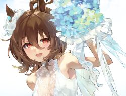 Rule 34 | 1girl, agnes tachyon (umamusume), ahoge, animal ears, arm up, armpits, bare shoulders, bouquet, brown hair, cropped, dress, floral print, flower, hair between eyes, hair flower, hair ornament, holding, holding bouquet, horse ears, horse girl, looking at viewer, open mouth, red eyes, see-through, short hair, simple background, smile, solo, umamusume, upper body, wedding dress, white background, white dress, yanyo (ogino atsuki)