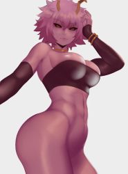 Rule 34 | 1girl, absurdres, alien, android 21, ashido mina, bad id, bad pixiv id, black gloves, black sclera, boku no hero academia, bottomless, bracelet, breasts, choker, colored sclera, colored skin, commentary, cosplay, dragon ball, dragon ball fighterz, elbow gloves, english commentary, gloves, gold bracelet, gold choker, highres, horns, jewelry, large breasts, lips, looking at viewer, majin android 21, majin android 21 (cosplay), no pants, pink hair, pink lips, pink skin, solo, white background, yellow eyes, yellow horns, zaki (zaki btw)