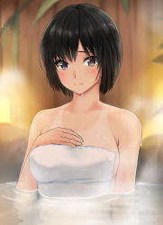Rule 34 | 1girl, amagami, bare shoulders, black hair, blush, breasts, closed mouth, commentary request, hand on own chest, highres, looking at viewer, medium breasts, naked towel, nanasaki ai, onsen, partially submerged, short hair, smile, solo, tan, tanline, towel, wet, yoo tenchi