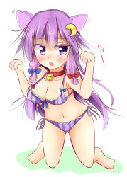 Rule 34 | 1girl, absurdres, animal ears, barefoot, bikini, blush, bow, cat ears, crescent, crescent hair ornament, hair bow, hair ornament, highres, kuzumomo, long hair, navel, patchouli knowledge, paw pose, purple eyes, solo, striped bikini, striped clothes, swimsuit, touhou