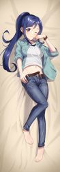 Rule 34 | 1girl, aqua jacket, barefoot, belt, blue eyes, blush, bracelet, breasts, brown belt, closed mouth, clothes lift, clothes pull, commentary request, commission, dakimakura (medium), denim, feet, full body, hand up, highres, jacket, jeans, jewelry, legs, long hair, love live!, love live! sunshine!!, lying, matsuura kanan, medium breasts, midriff, navel, on back, one eye closed, open belt, open clothes, open fly, open jacket, pants, partially unzipped, ponytail, pulled by self, purple eyes, shirt, shirt lift, sidelocks, skeb commission, sleeves rolled up, smile, solo, swept bangs, taachika, toes, white shirt