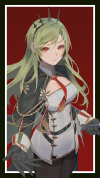 Rule 34 | 1girl, absurdres, azur lane, black cape, black gloves, black pantyhose, breasts, cape, cleavage, cleavage cutout, clothing cutout, dress, from above, gloves, green hair, highres, holding, holding sword, holding weapon, italian flag, kaikaikai, littorio (azur lane), long hair, looking at viewer, looking up, medal, medium breasts, microdress, necktie, pantyhose, red background, red eyes, red necktie, sheath, sheathed, short necktie, simple background, solo, standing, sword, weapon, white dress