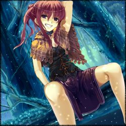 Rule 34 | 1girl, arm up, border, brown hair, capelet, choker, dutch angle, grin, highres, looking at viewer, matsukawa (pale scarlet), original, pixiv fantasia, pixiv fantasia 4, purple eyes, sitting, smile, solo, spread legs, tree