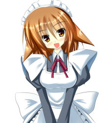 Rule 34 | 1girl, animal ears, blush, breasts, brown eyes, brown hair, luxuria, maid, maid headdress, open mouth, original, simple background, smile, solo, v arms, white background