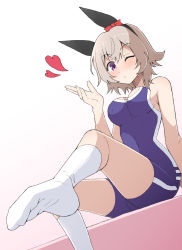 Rule 34 | 1girl, animal ears, blowing kiss, blush, breasts, commentary request, curren chan (umamusume), grey hair, highres, horse ears, horse tail, looking at viewer, medium breasts, nel-c, no shoes, school swimsuit, short hair, simple background, sitting, socks, soles, solo, swimsuit, tail, umamusume, white background, white socks