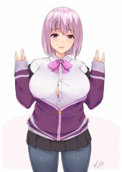 Rule 34 | 10s, 1girl, :d, blue pantyhose, bow, bowtie, breasts, bursting breasts, collared shirt, cowboy shot, grey skirt, gridman universe, hands up, highres, jacket, kuavera, large breasts, light purple hair, looking at viewer, open clothes, open jacket, open mouth, pantyhose, pink bow, pink bowtie, pink eyes, pleated skirt, purple jacket, shinjou akane, shirt, short hair, signature, simple background, skirt, sleeves past wrists, smile, solo, ssss.gridman, standing, white background, white shirt, wing collar