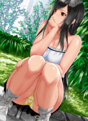 Rule 34 | 1girl, alternate costume, bare arms, bare shoulders, black hair, black skirt, breasts, brown eyes, casual, cleavage, closed mouth, collarbone, commentary request, cross-laced footwear, day, eyelashes, final fantasy, final fantasy vii, flower, foreshortening, grass, hand on lap, head rest, highres, knees together feet apart, large breasts, leaf, long hair, looking away, outdoors, panties, pantyshot, plant, shiny skin, shoes, sidelocks, skirt, sneakers, socks, solo, squatting, strapless, switch01, tifa lockhart, underwear, very long hair, white footwear, white socks, yellow panties