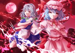Rule 34 | 2girls, apron, bat wings, between fingers, blue dress, bow, braid, breasts, brooch, commentary request, cowboy shot, dress, frilled apron, frilled shirt collar, frills, full moon, green bow, hair bow, hat, hat ribbon, holding, holding knife, holding weapon, izayoi sakuya, jewelry, knife, knives between fingers, looking at viewer, maid, maid apron, maid headdress, medium breasts, melachicca, mob cap, moon, multiple girls, nail polish, night, night sky, outdoors, petals, pink dress, pink headwear, puffy short sleeves, puffy sleeves, red eyes, red moon, red nails, red ribbon, red sash, remilia scarlet, ribbon, rose petals, sash, shirt, short hair, short sleeves, silver hair, sky, smile, star (sky), starry sky, thigh strap, touhou, twin braids, waist apron, weapon, white apron, white shirt, wings, wrist cuffs