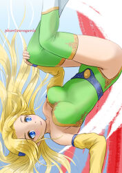 Rule 34 | 1girl, bare shoulders, blonde hair, blue eyes, celes chere, collarbone, dated, detached sleeves, final fantasy, final fantasy vi, green leotard, green thighhighs, hand on own knee, leotard, long hair, signature, strapless, strapless leotard, tanyao, thighhighs, upside-down