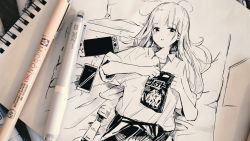 Rule 34 | 1girl, 3d, bag, black skirt, cellphone, collared shirt, commentary request, faux traditional media, from above, greyscale, hanecha1220, hatching (texture), highres, hitachi magic wand, holding, holding bag, long hair, looking at viewer, monochrome, nintendo switch, opening, original, parted lips, partially unbuttoned, pen, phone, sex toy, shirt, shirt tucked in, sketch, skirt, sleeves rolled up, smartphone, solo, vibrator