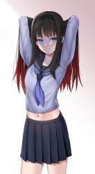 Rule 34 | 1girl, arms behind head, arms up, black hair, black hairband, black skirt, blouse, blue eyes, blue neckerchief, blue sailor collar, blue shirt, blush, closed mouth, collarbone, commentary request, commission, gradient hair, hairband, highres, long hair, long sleeves, looking at viewer, matrix16, midriff, mixed-language commentary, multicolored hair, navel, neckerchief, pleated skirt, red hair, sailor collar, school uniform, serafuku, shirt, simple background, skirt, solo, tohno akiha, tsukihime, tsukihime (remake), two-tone hair, uniform