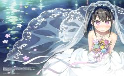 Rule 34 | 1girl, 3:, absurdres, bare shoulders, black hair, blush, bouquet, breasts, bridal veil, bride, closed mouth, collarbone, dress, elbow gloves, flower, from above, gloves, hair ribbon, highres, holding, holding bouquet, huge filesize, jewelry, kantoku, long hair, looking at viewer, necklace, necktie, original, plaid, purple eyes, ribbon, scan, shizuku (kantoku), side ponytail, sidelocks, small breasts, smile, solo, strapless, strapless dress, tsurime, veil, water, wedding dress, white dress, white gloves