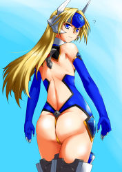 Rule 34 | 1girl, ?, arc system works, ass, blazblue, blonde hair, blue eyes, confused, highres, long hair, looking at viewer, looking back, mu-12, nishiumi yuuta, solo