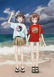 Rule 34 | 2girls, absurdres, anklet, bad id, bad twitter id, bag, beach, belt, child, closed eyes, full body, gishiki (gshk), highres, holding hands, jewelry, long hair, looking at viewer, miniskirt, multiple girls, open mouth, original, pleated skirt, print shirt, red shirt, sandals, shirt, short hair, skirt, swimsuit, swimsuit under clothes, t-shirt, tote bag, twintails, watch, waving, white shirt