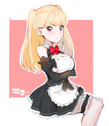 Rule 34 | 1girl, alternate costume, apron, bare shoulders, blonde hair, blush, breasts, bridal garter, crossed arms, dream c club, dream c club (series), ekao, enmaided, female focus, large breasts, long hair, looking at viewer, maid, maid apron, red eyes, simple background, sitting, solo, thigh strap, tokyo 7th sisters, two side up, uesugi u. kyouko