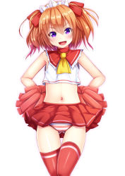 Rule 34 | 1girl, alternate costume, blush, bow, cheerleader, ebi 193, fang, hair bow, hair ribbon, looking at viewer, midriff, navel, open mouth, orange hair, panties, pom pom (cheerleading), purple eyes, red thighhighs, ribbon, short hair, simple background, smile, solo, striped clothes, striped panties, sunny milk, thighhighs, touhou, twintails, underwear, white background