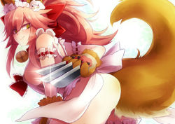 Rule 34 | &gt;:), 1girl, animal ears, animal hands, apron, arm cuffs, bell, blush, bow, breasts, cat hair ornament, cat paws, claw (weapon), closed mouth, fate/grand order, fate (series), fox ears, fox tail, frills, from side, gloves, hair bow, hair ornament, jingle bell, knife, leaning forward, long hair, looking at viewer, looking to the side, maid headdress, medium breasts, naked apron, no panties, paw gloves, pink hair, ponytail, red bow, sideboob, smile, solo, tail, tamamo (fate), tamamo cat (fate), tamamo cat (third ascension) (fate), tamamo no mae (fate/extra), v-shaped eyebrows, weapon, yellow eyes, yude
