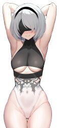 Rule 34 | 1girl, 2b (nier:automata), absurdres, armpits, arms behind head, arms up, black blindfold, black hairband, blindfold, blush, bob cut, breasts, closed mouth, covered navel, cowboy shot, curvy, gluteal fold, hairband, highleg, highleg leotard, highres, kokono (kokonokami), large breasts, leotard, nier:automata, nier (series), shiny skin, short hair, simple background, smile, solo, thighs, thong leotard, white background, white hair, wide hips