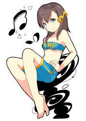 Rule 34 | 1girl, bandeau, barefoot, blue eyes, brown hair, chitetan, full body, headphones, highres, legs, musical note, original, short hair, shorts, simple background, smile, solo, strapless, tube top, white background