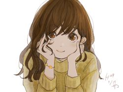 Rule 34 | 1girl, bracelet, brown eyes, brown hair, close-up, closed mouth, commentary request, dated, head rest, highres, jewelry, long hair, long sleeves, looking at viewer, original, sako (35s 00), signature, simple background, smile, solo, sweater, turtleneck, white background, yellow sweater