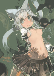 Rule 34 | 1girl, :d, animal ears, arms behind back, between legs, black skirt, blue eyes, blush, breasts, cat ears, cat girl, cat tail, commission, dated, fang, female masturbation, hand between legs, highres, iroikkai, looking at viewer, masturbation, medium breasts, medium hair, miniskirt, navel, nipples, open mouth, original, pleated skirt, silver hair, skeb commission, skin fang, skirt, smile, solo, tail, tail raised, thank you, twitter username