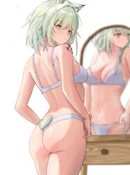 Rule 34 | 1girl, absurdres, animal ears, arknights, ass, back, blonde hair, bra, cat ears, cat girl, cat tail, cowboy shot, from behind, green eyes, hand on own hip, highres, kal&#039;tsit (arknights), looking at viewer, looking back, material growth, mirror, oripathy lesion (arknights), panties, reflection, runyo (yale12312), standing, tail, underwear, underwear only, white background, white bra, white panties