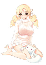Rule 34 | 10s, 1girl, :3, bad id, bad pixiv id, barefoot, blonde hair, bottomless, breasts, covered erect nipples, drill hair, impossible clothes, impossible sweater, jiji (aardvark), kyubey, large breasts, looking at viewer, mahou shoujo madoka magica, mahou shoujo madoka magica (anime), naked sweater, ribbed sweater, shirt, simple background, sitting, sweater, taut clothes, taut shirt, tomoe mami, wariza, white background