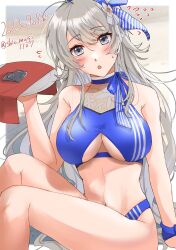 Rule 34 | 1girl, absurdres, ahoge, beach, bikini, blue bikini, breasts, condom, grey eyes, grey hair, highres, kantai collection, large breasts, long hair, looking at viewer, official alternate costume, open mouth, outdoors, sand, shiomugi (shio mugi1107), sitting, solo, swimsuit, tray, washington (kancolle)