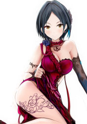 Rule 34 | 1girl, black hair, blush, breasts, cleavage, clothes lift, dress, dress lift, earrings, elbow gloves, gloves, hair ornament, hayami kanade, idolmaster, idolmaster cinderella girls, jewelry, lace, large breasts, looking at viewer, nannacy7, off shoulder, red dress, ribbon, short hair, side slit, simple background, sitting, smile, solo, tattoo, thighs, white background, yellow eyes