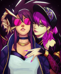 Rule 34 | 2girls, akali, bare shoulders, baseball cap, breasts, choker, claws, cropped jacket, detached sleeves, earrings, evelynn (league of legends), feather trim, glasses, gradient background, hair between eyes, halterneck, hat, highres, idol, jacket, jewelry, k/da (league of legends), k/da akali, k/da evelynn, league of legends, lips, lipstick, long hair, looking at viewer, makeup, medium breasts, multiple girls, nail polish, necklace, open clothes, open jacket, parted lips, pince-nez, pink-tinted eyewear, ponytail, purple background, purple hair, qtori, sunglasses, tinted eyewear, upper body, yellow eyes