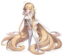 1girl absurdly_long_hair absurdres ahoge blonde_hair blunt_bangs breasts brown_eyes chii chobits cleavage covered_navel crying detached_collar fingernails frilled_leotard frilled_thighhighs frills frown full_body hand_up highres humanoid_robot large_breasts leotard long_hair looking_ahead mika_030 no_shoes parted_hair parted_lips persocom robot robot_ears robot_girl simple_background solo standing straight_hair tears thighhighs twintails very_long_hair white_background white_leotard white_thighhighs