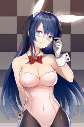 Rule 34 | 1girl, adjusting eyewear, animal ears, arm behind back, bad id, bad pixiv id, bare shoulders, black pantyhose, blue eyes, blue hair, bow, bowtie, breasts, checkered background, cleavage, copyright request, detached collar, fake animal ears, female focus, gem, glasses, gloves, hayama eishi, head tilt, large breasts, leotard, long hair, looking at viewer, matching hair/eyes, neck, original, pantyhose, playboy bunny, rabbit ears, rimless eyewear, smile, solo, strapless, white gloves, wrist cuffs
