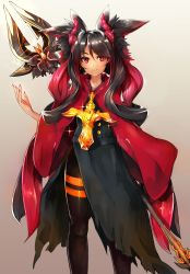 Rule 34 | 1girl, animal ears, black hair, blade, buttons, cape, cross, fang, fang out, gradient hair, highres, horns, long hair, maido mido, multicolored hair, nail polish, original, pantyhose, red cape, red eyes, red hair, red nails, shiratan, smile, solo, sparkle, weapon