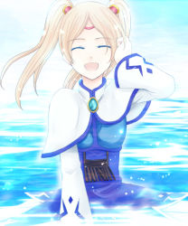 Rule 34 | 1girl, breasts, brown hair, capelet, dress, closed eyes, fenimore xelhes, hair ornament, long hair, ocean, open mouth, tales of (series), tales of legendia, twintails, water