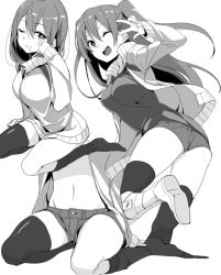Rule 34 | 1girl, :d, ass, black thighhighs, breasts, drooling, gintarou (kurousagi108), greyscale, groin, jacket, large breasts, long hair, looking at viewer, monochrome, multiple views, navel, open mouth, original, short shorts, shorts, simple background, smile, sweater jacket, thighhighs, two side up, v, white background