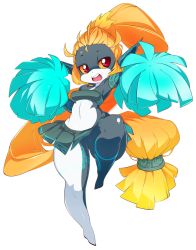 Rule 34 | 1girl, armband, bad id, bad tumblr id, breasts, cheerleader, colored sclera, highres, long hair, low-tied long hair, midna, neon trim, nintendo, no headwear, open mouth, pointy ears, pom pom (cheerleading), ponytail, red eyes, simple background, slugbox, small breasts, solo, the legend of zelda, the legend of zelda: twilight princess, thick thighs, thighs, very long hair, wide hips, yellow sclera
