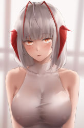 Rule 34 | 1girl, arknights, bad id, bad pixiv id, bare shoulders, blush, breasts, brown eyes, cleavage, closed mouth, collarbone, covered collarbone, covered erect nipples, hair ribbon, lips, looking at viewer, medium breasts, medium hair, ribbon, rifu (643763873), see-through, shirt, silver hair, simple background, solo, w (arknights), wet, wet clothes, wet shirt, white shirt